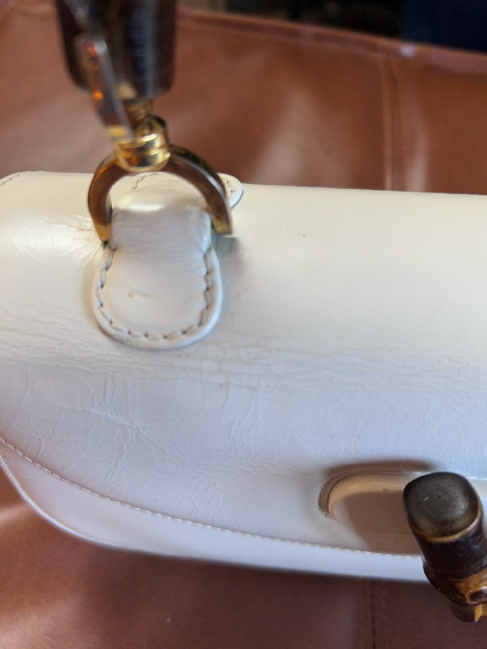 White Leather Bamboo-Handle Top-Handle Purse - Picture 6 of 13